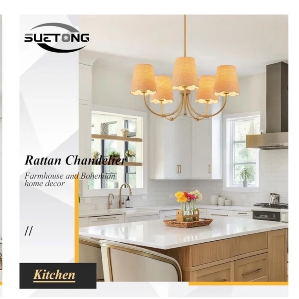 NIB Boho Rattan Chandelier Fabric Shade Antique Gold Brass 5-Lights Hemp Rope
